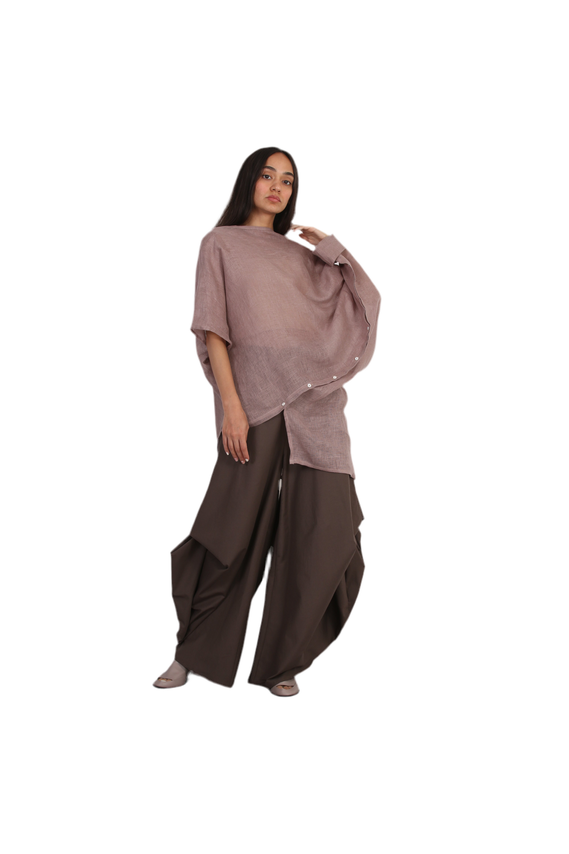Khaki sculptural linen blouse, minimalist avant-garde design – Solouk Toronto
