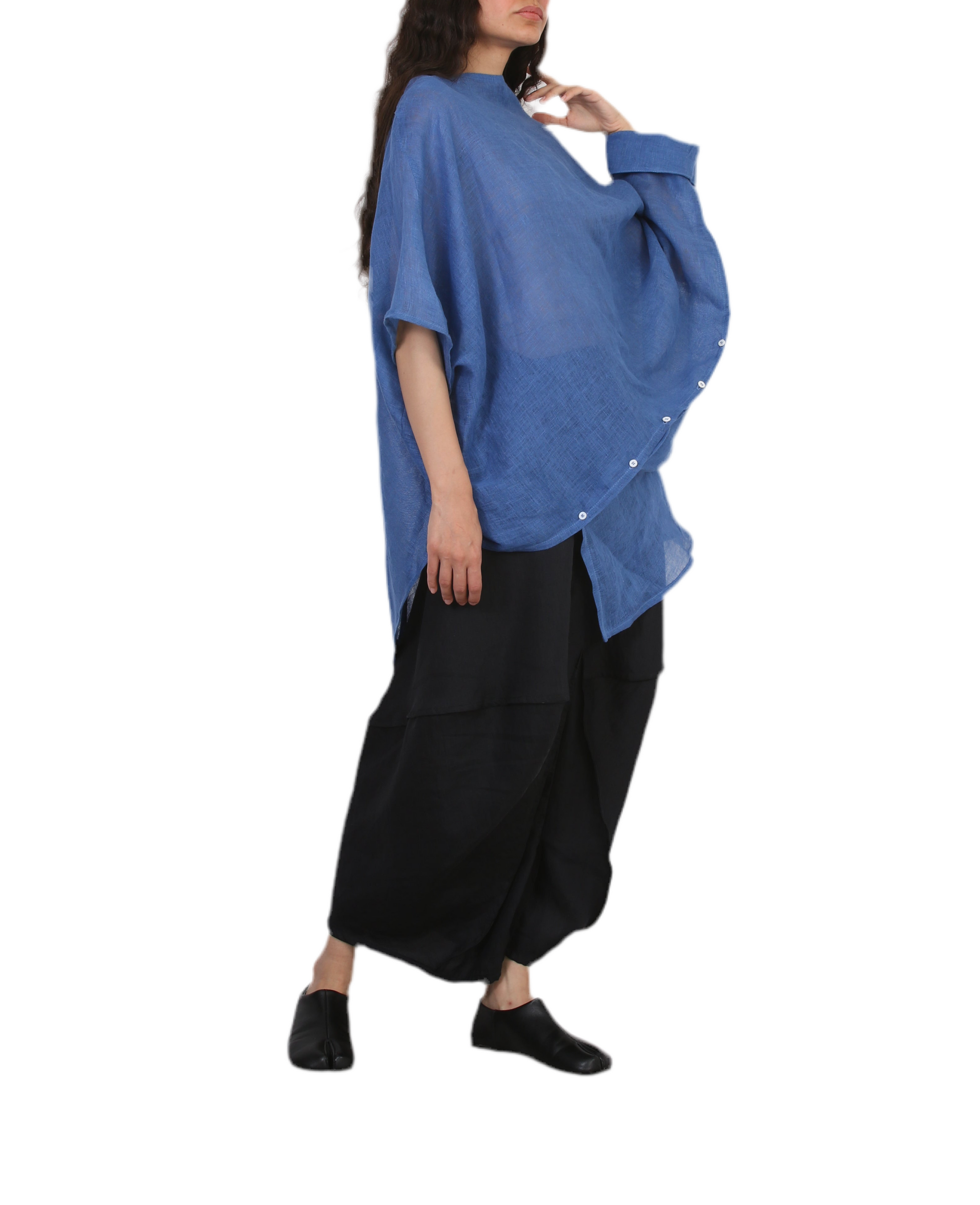 White Light Fold Blouse, minimalist linen asymmetrical  top  blue– Solouk Toronto