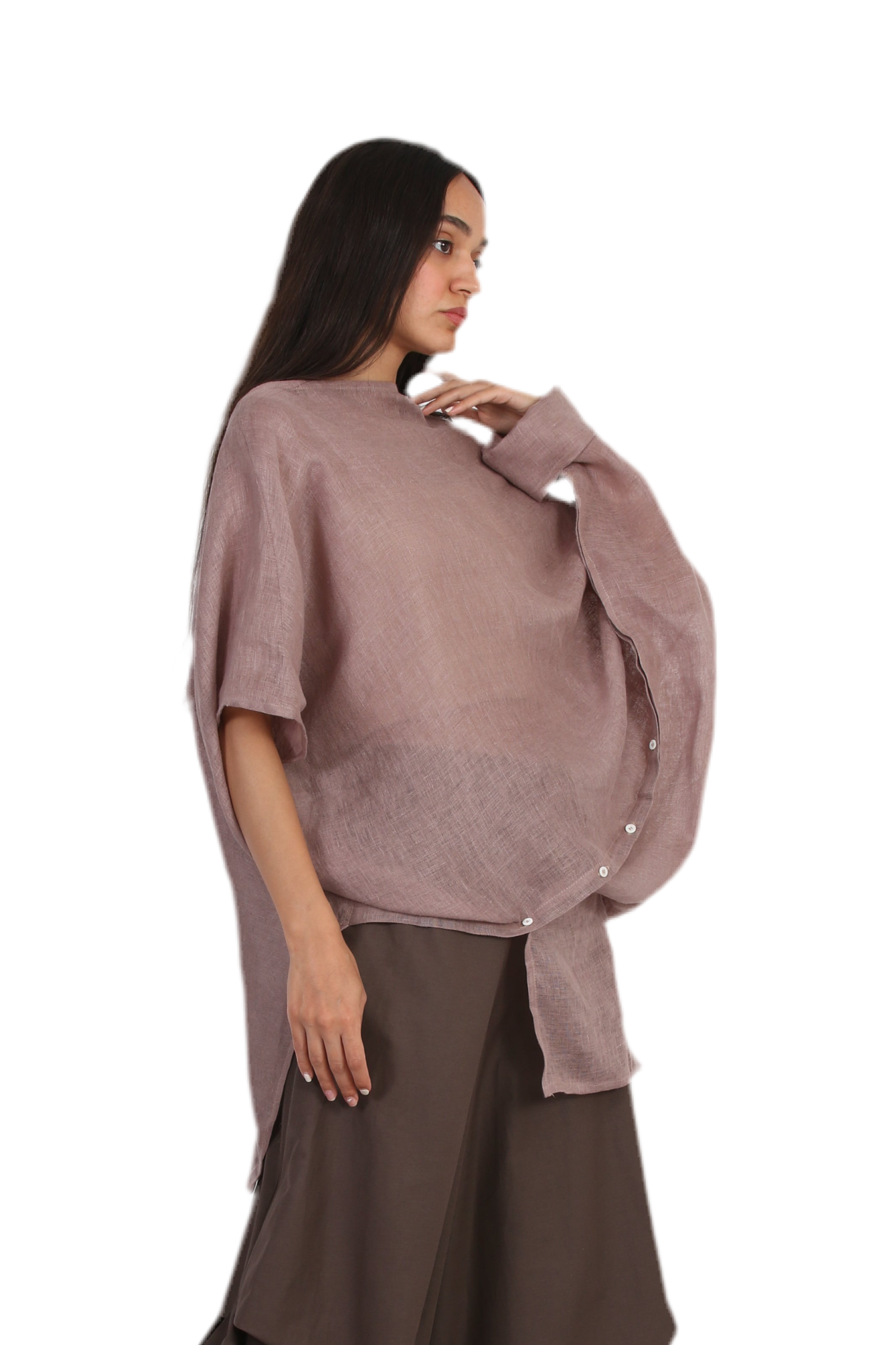 Sculptural linen blouse, front view, minimalist avant-garde design – Solouk Toronto