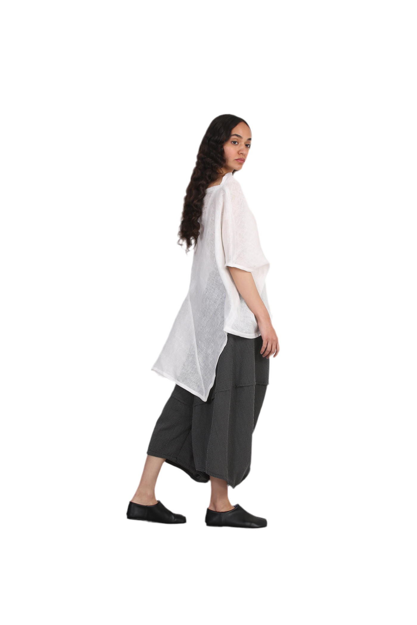 White Light Fold Blouse, minimalist linen asymmetrical top side view – Solouk Toronto