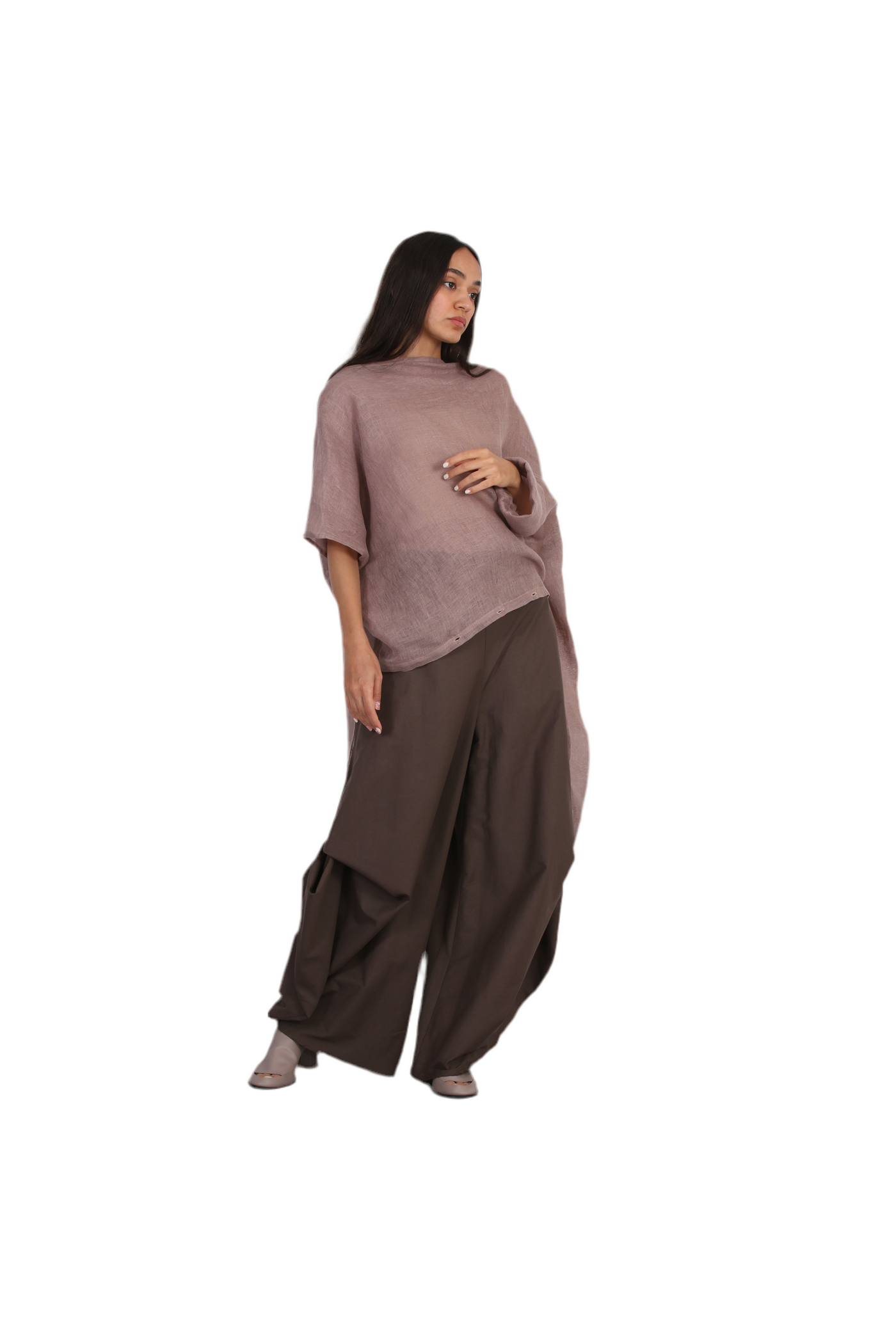 The Light Fold Blouse, front view, asymmetrical linen top – Solouk Toronto