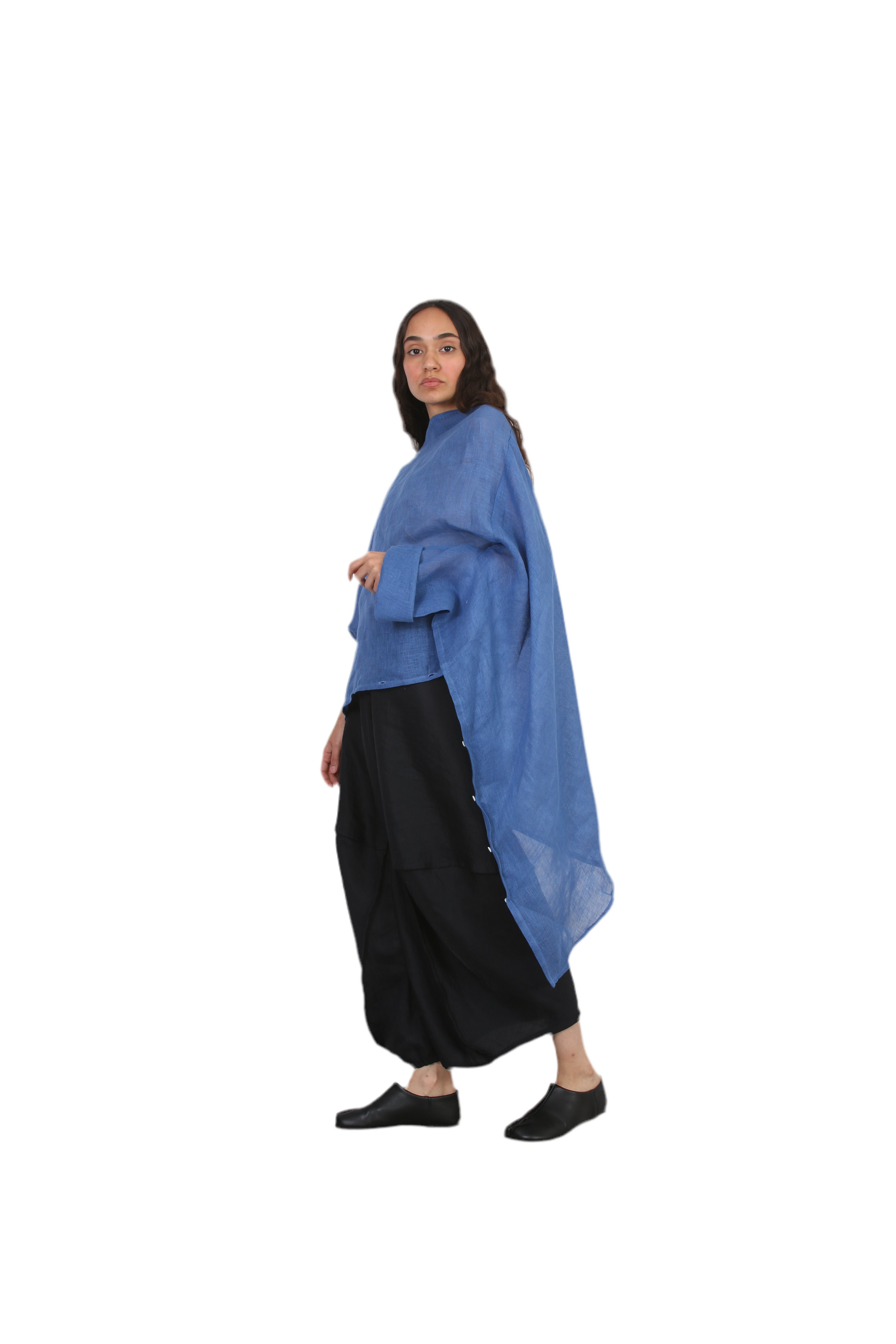 White Light Fold Blouse, minimalist linen asymmetrical  top side view blue – Solouk Toronto